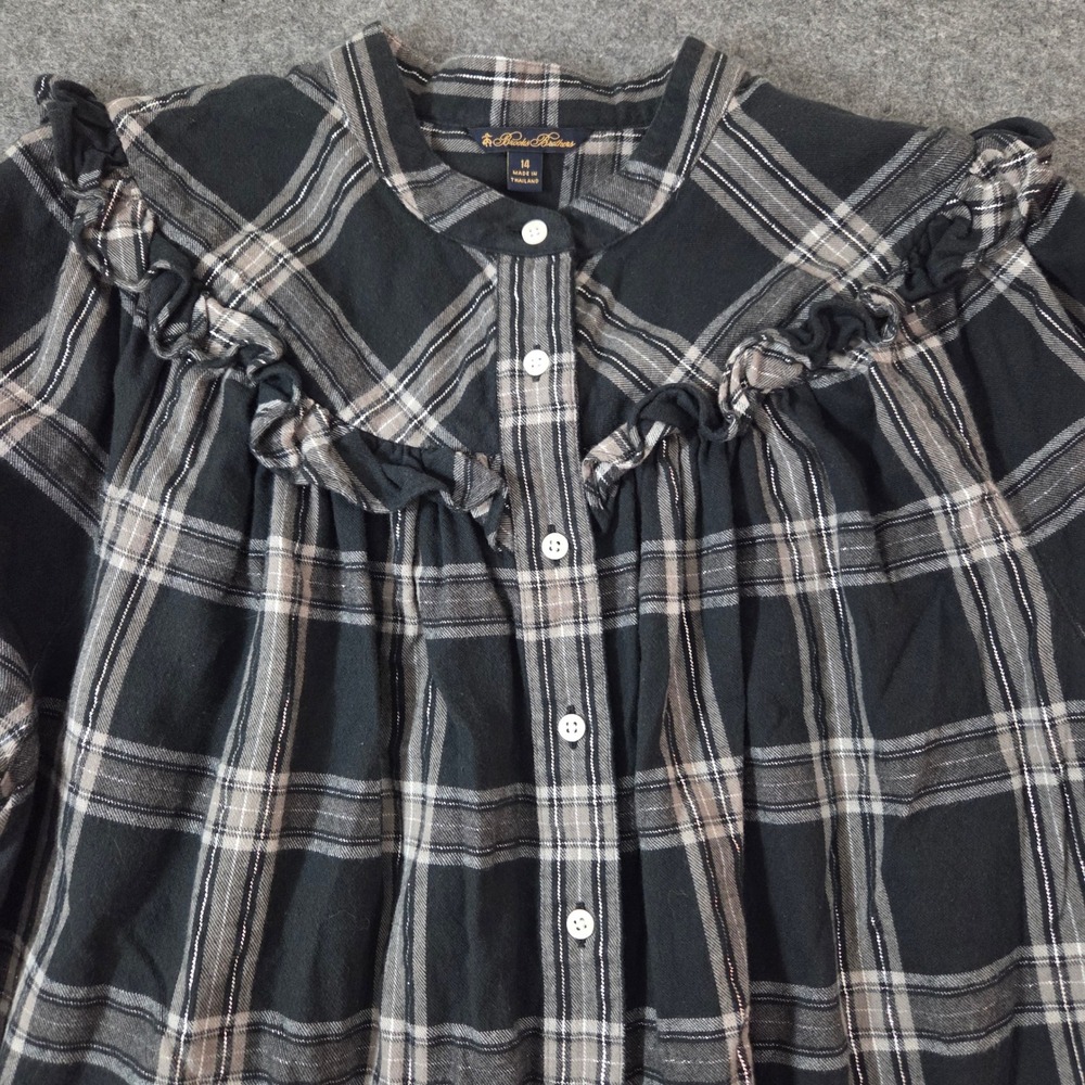 Brooks Brothers Womens Black Plaid Ruffle Yoke Metallic Button Front Blouse 14